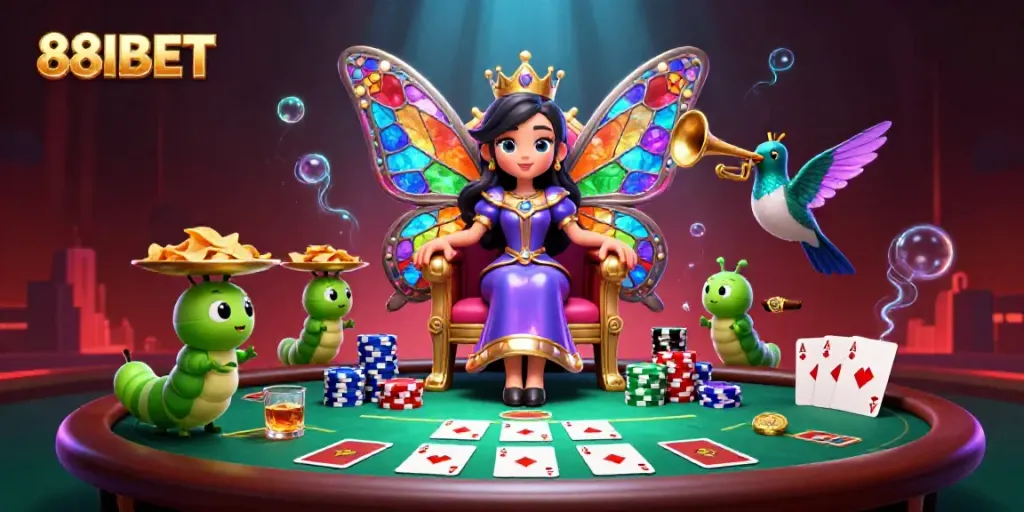 Experience the vibrant 88IBET gaming scene with a queen and colorful casino elements.