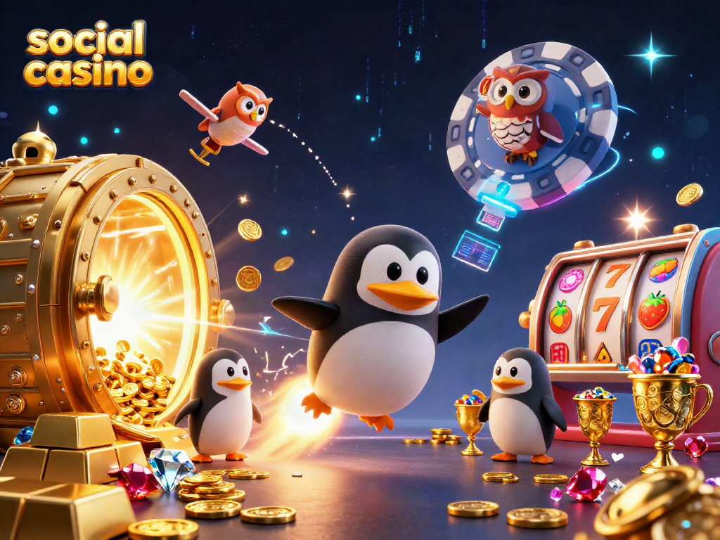 Experience the excitement of the social casino with vibrant games and treasures in a dynamic space setting.