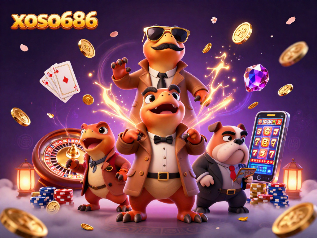 Xoso686 raptors in trench coat entering casino VIP lounge, surrounded by casino elements.