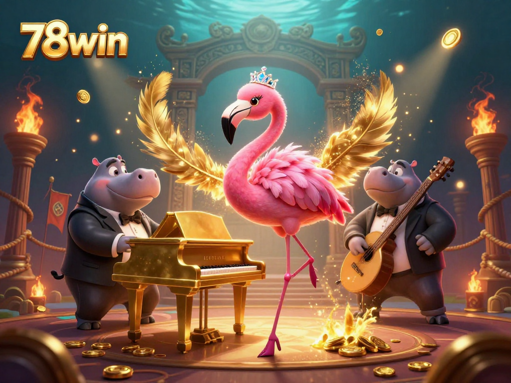 Engage with 78win in this vibrant casino scene featuring flamingo singers and a hippo bassist.