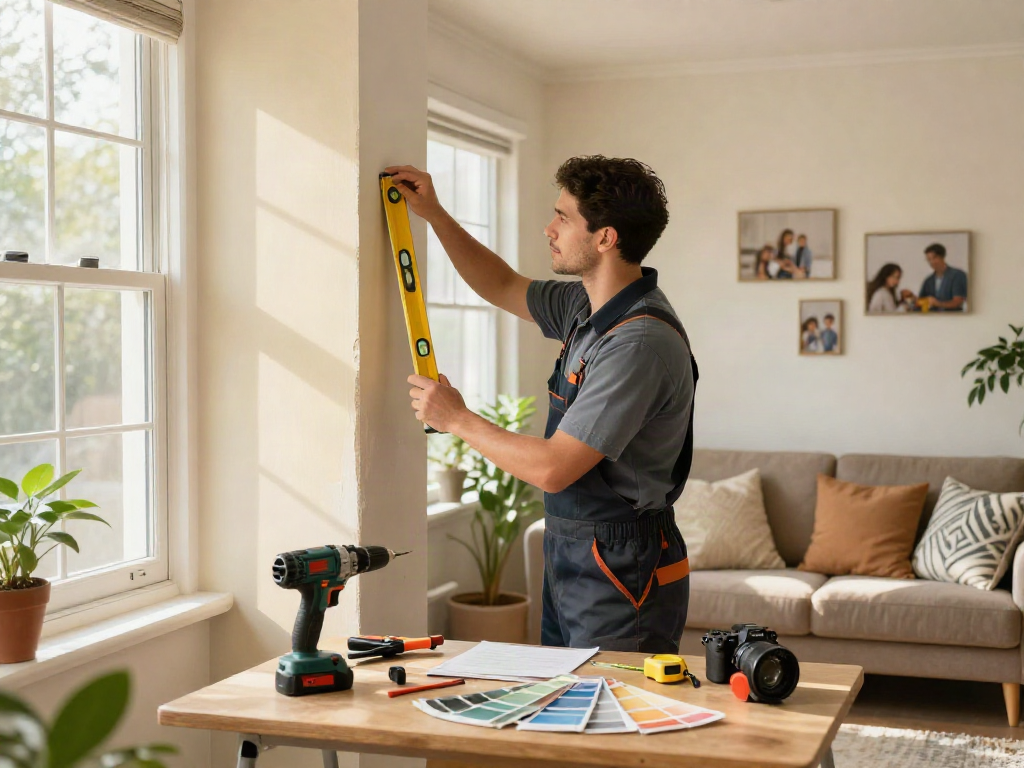 Professional home repair services Des Moines Iowa technician assessing living room for renovations.