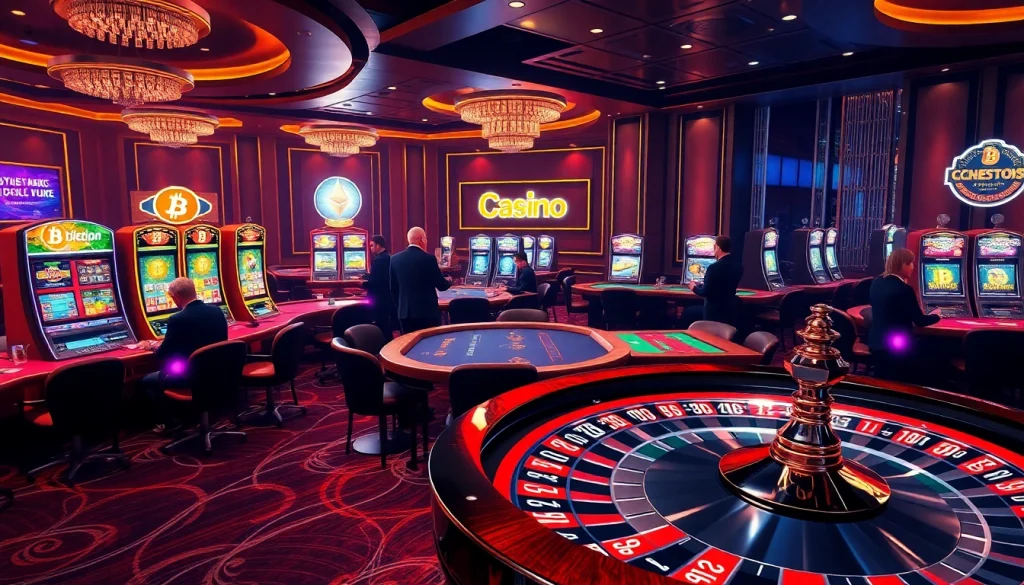 Engage in thrilling gameplay at crypto online casinos filled with vibrant tables, slot machines, and roulette wheels.