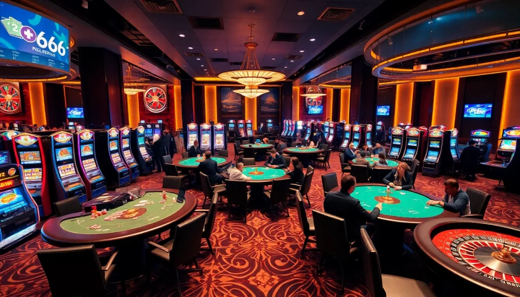 High-stakes gaming at https://mb66.ski/ with poker tables and vibrant slot machines.