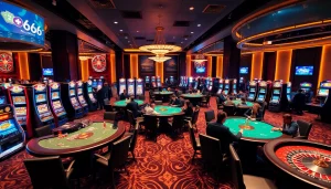 High-stakes gaming at https://mb66.ski/ with poker tables and vibrant slot machines.