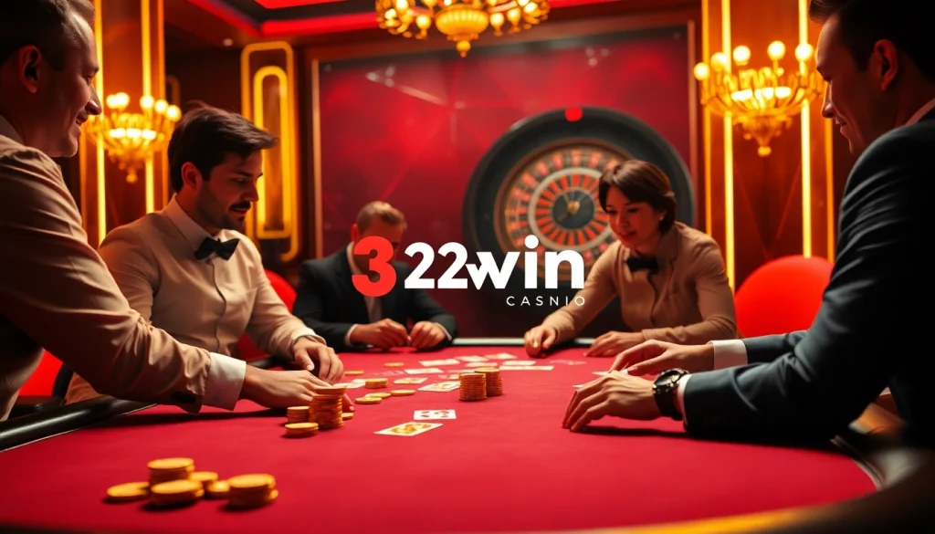 Engaged players enjoying poker at a luxurious casino table with 32win1 branding for an upscale gambling experience.