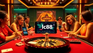 Experience thrilling gameplay with lc88 app on a vibrant casino table featuring poker chips and cards.