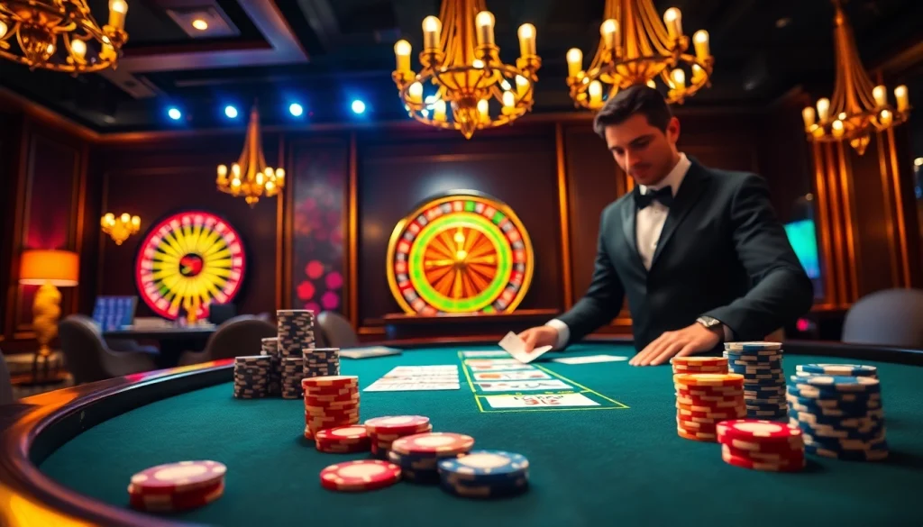 Engaging blackjack scene at f8bet.com showcasing colorful chips and a lively atmosphere.