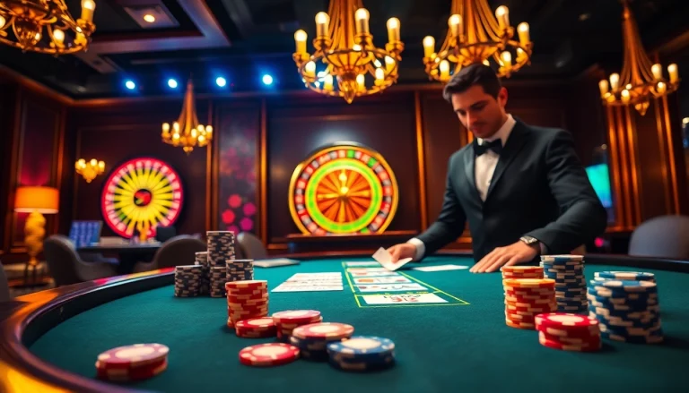 Engaging blackjack scene at f8bet.com showcasing colorful chips and a lively atmosphere.