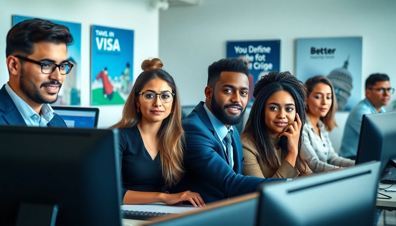 People collaborating on the uk eta online application in a modern office.