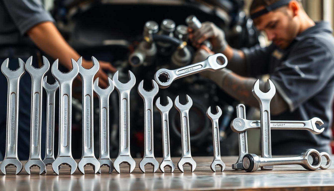 USAG wrenches showcased on a workbench with a mechanic in action.