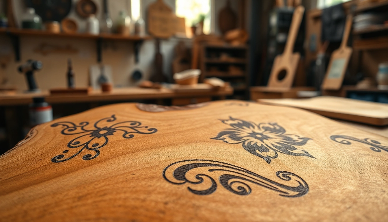 Exquisite laser engraving designs on handcrafted wood displayed in an artisan workshop.
