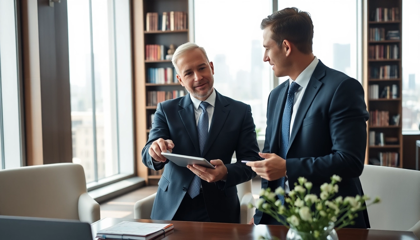 Independent financial advisor discussing investment strategies with a client in a professional office setting.