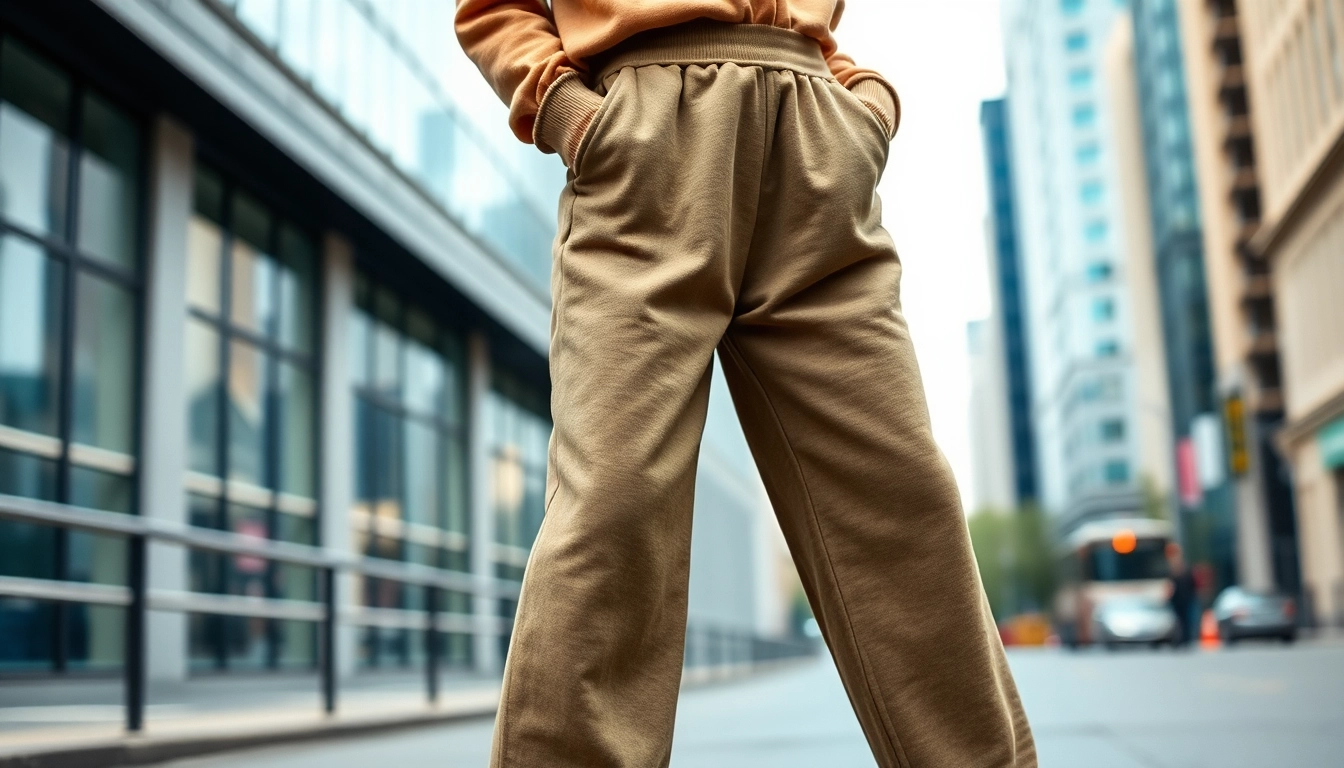 Model showcasing stylish baggy sweatpants in an urban setting with earthy tones.