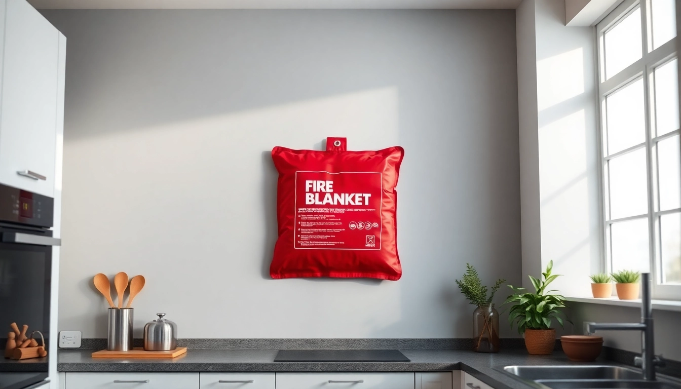 Corner of a modern kitchen featuring a fire blanket mounted on a wall, ready for emergency use.