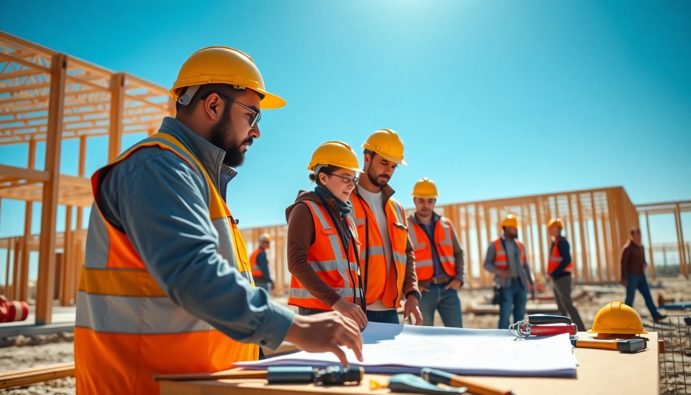 Training in a construction apprenticeship with trainees on site reviewing blueprints.