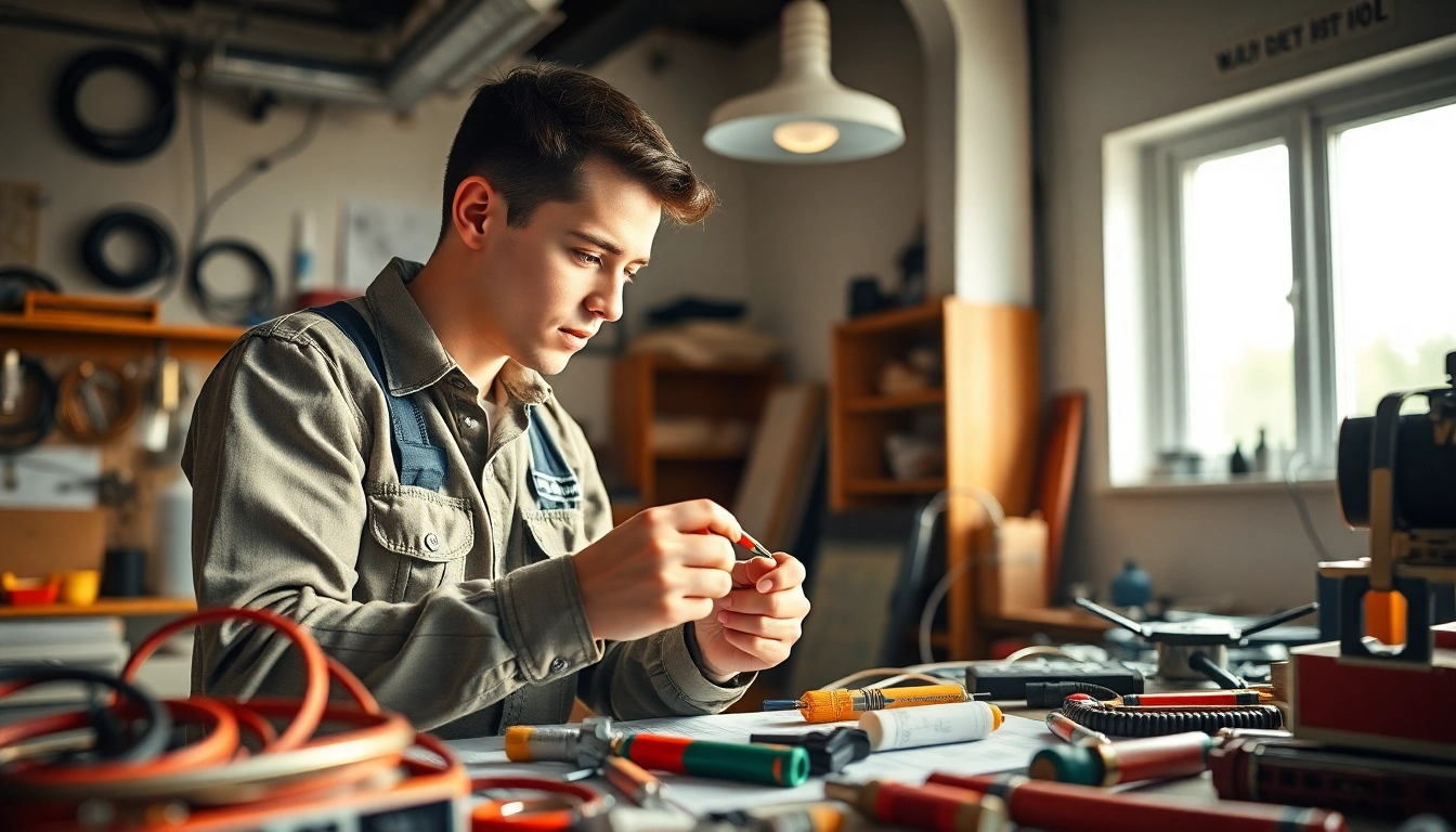 Electrician apprenticeship in action as a young apprentice works on wiring.