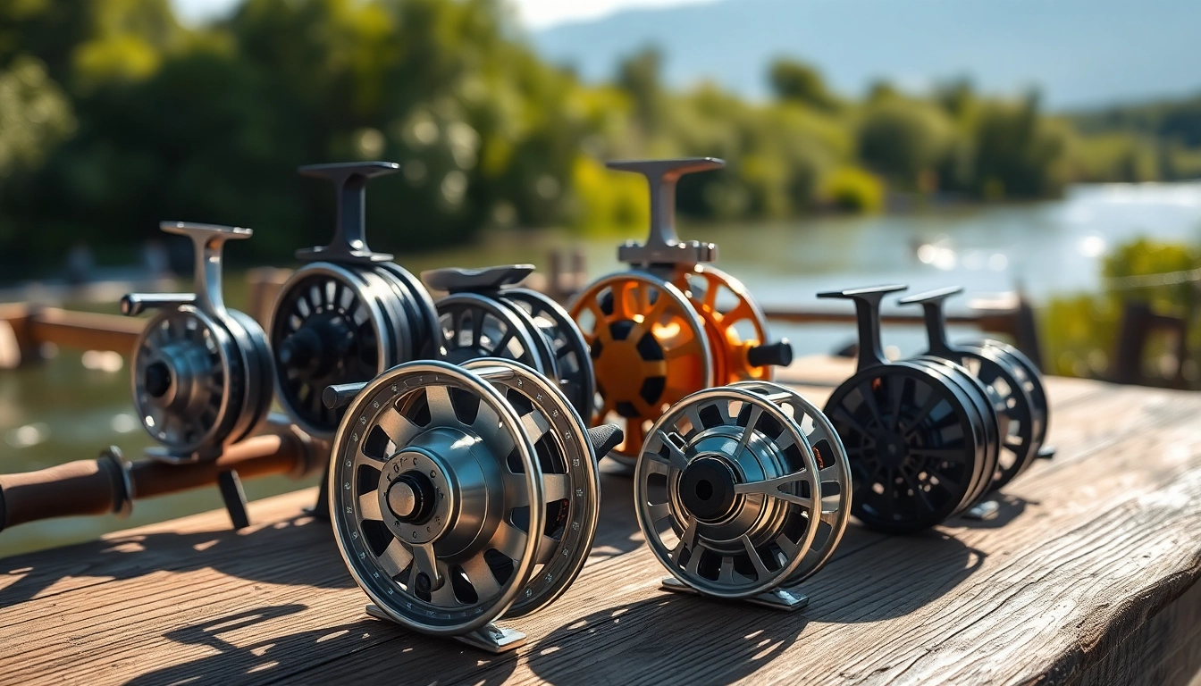 Showcase of best fly fishing reels on a wooden workbench, highlighting quality and craftsmanship.
