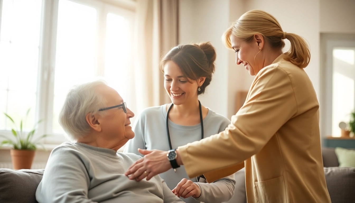 Caregiver providing in home health care near me to an elderly person in a warm home setting.