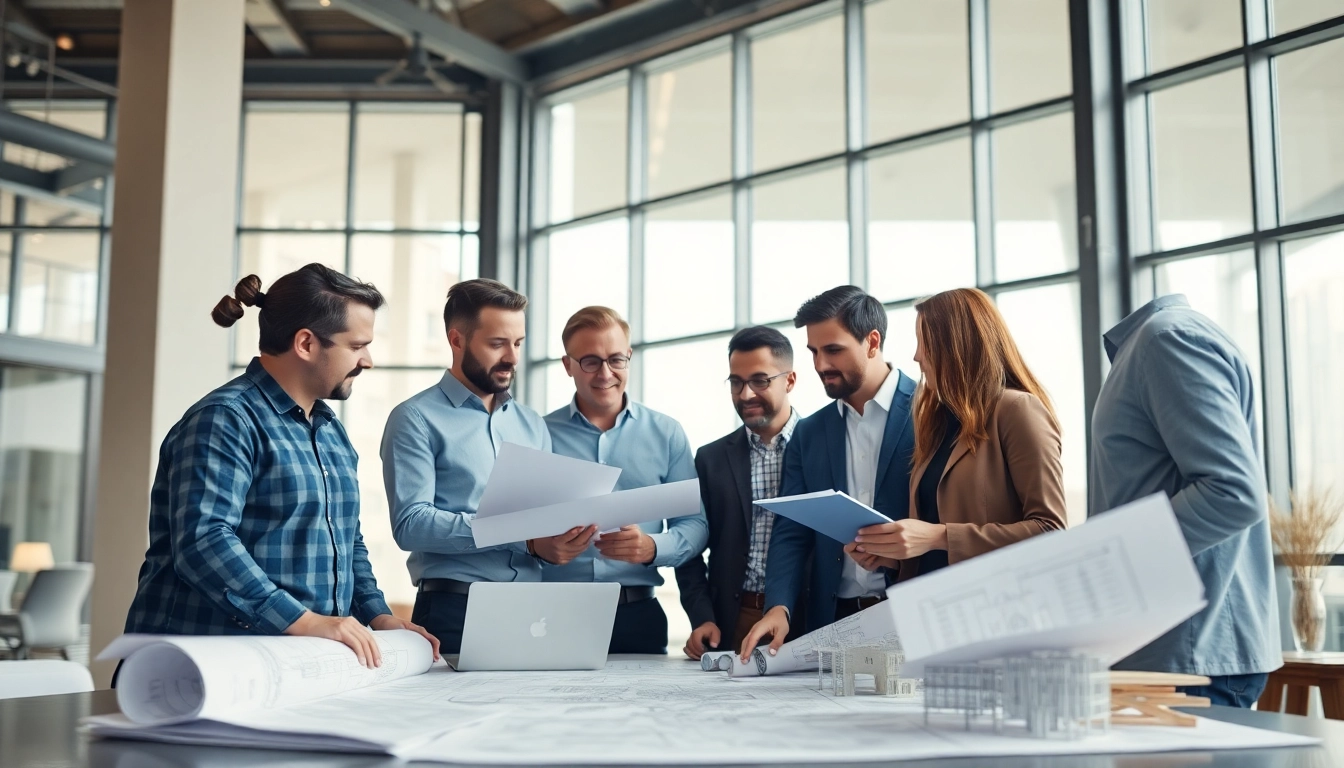 Engaged professionals in a construction association discussing project plans for innovative building designs.