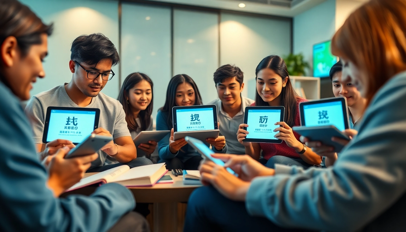 Students using 有道 translation application in a collaborative learning environment.