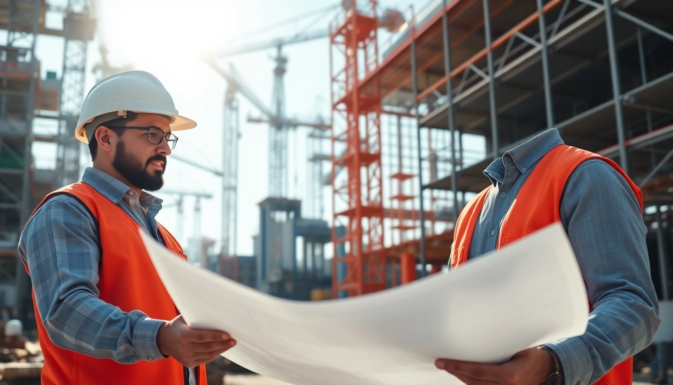 Team assessing construction quality management on-site, highlighting precision and teamwork.