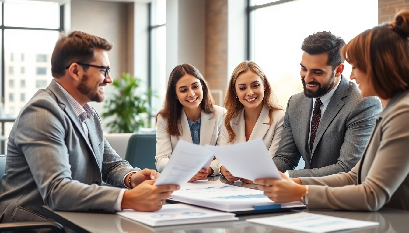 Top financial advisors collaborating with clients in a bright, professional office.