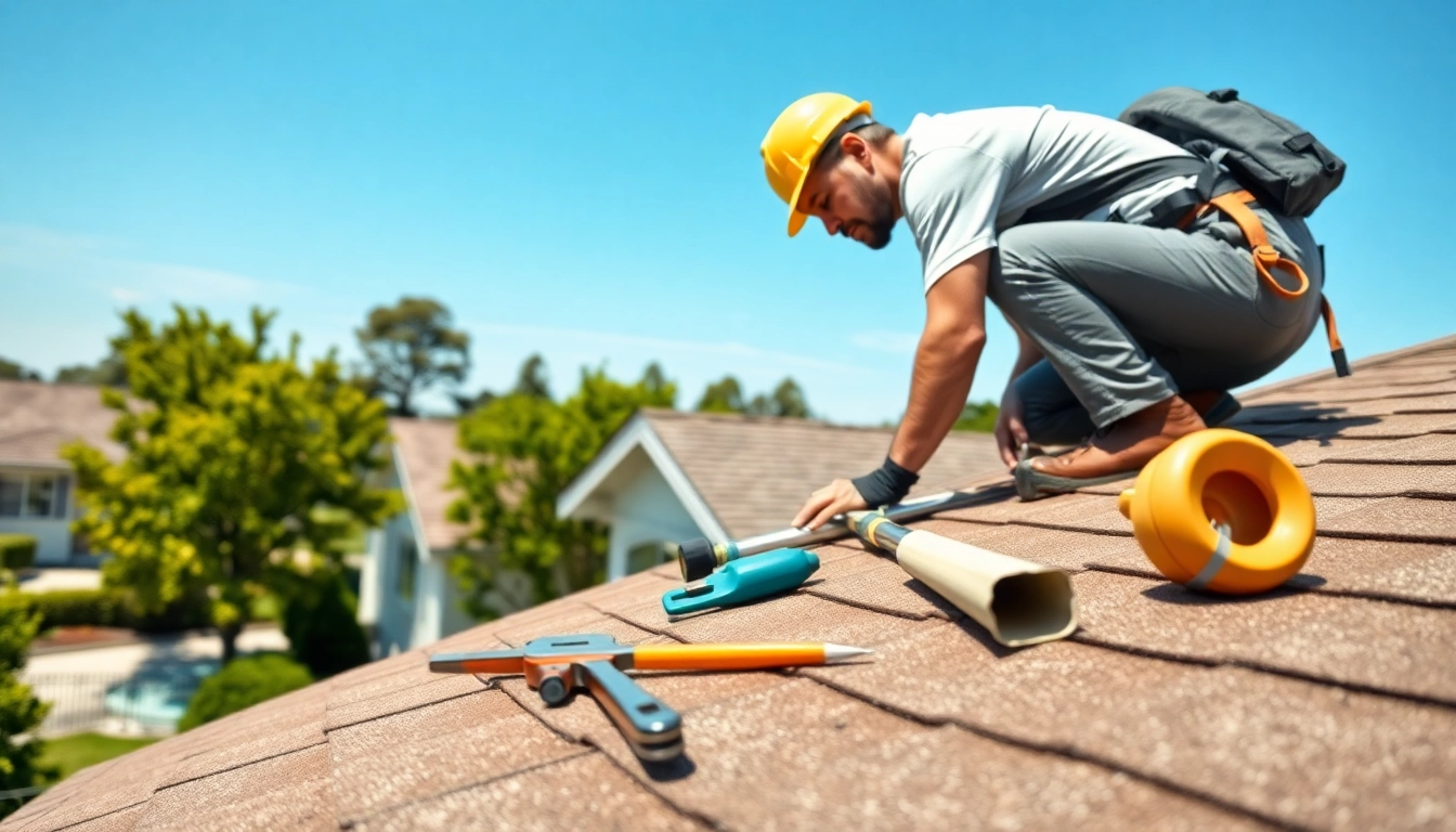 Expert roofing contractor San Francisco Bay Area repairing a roof with quality tools and bright skies.