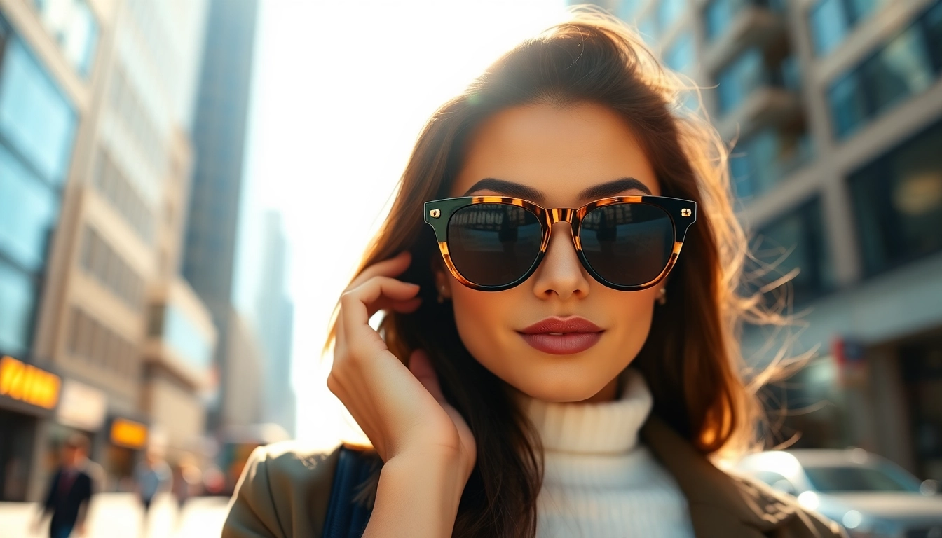 Person wearing luxury sunglasses against a vibrant city backdrop, showcasing elegance and style.