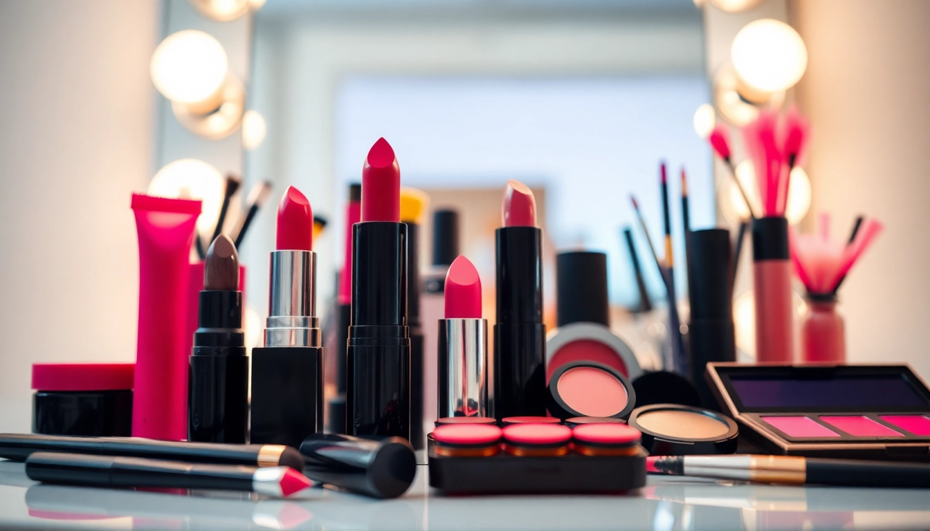 Showcasing vibrant makeup wholesale products artistically arranged on a vanity.
