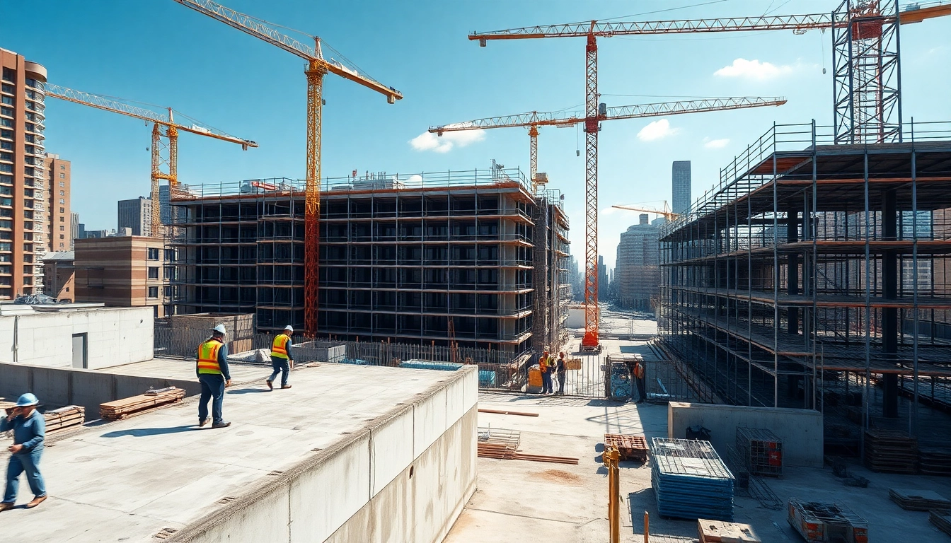 New York Commercial General Contractor overseeing a bustling construction site with cranes and workers.