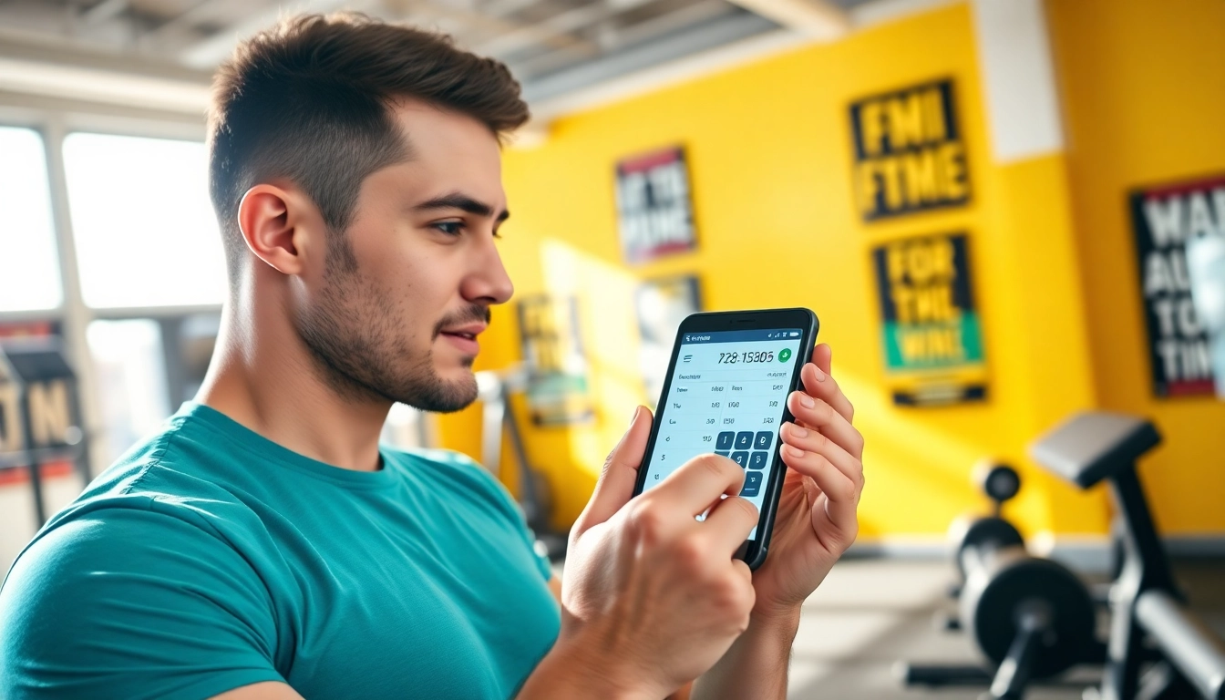Engaged user analyzing fitness data with the FFMI Calculator in a bright gym.