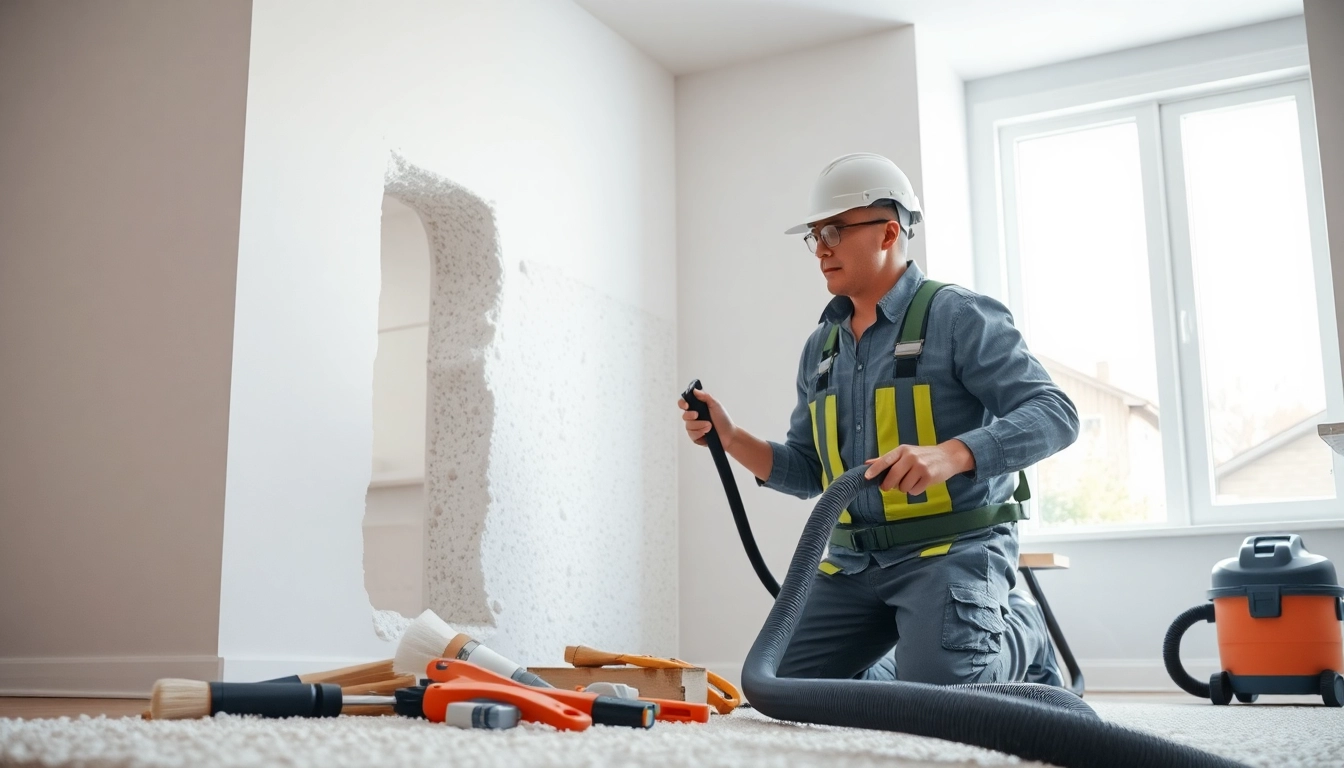 Expert performing spray foam removal in a brightly lit residential setting.