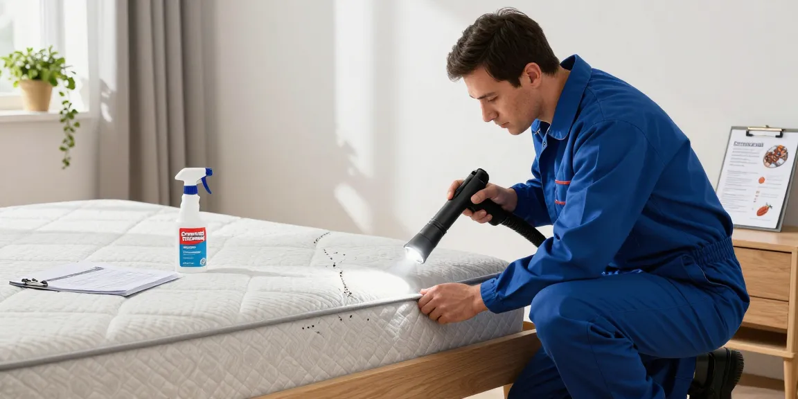 Bed bug exterminator inspecting a mattress for infestations in a clean, bright residential bedroom.