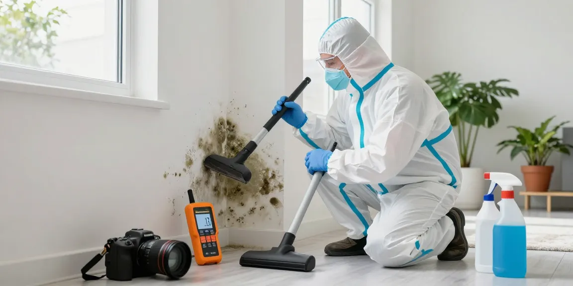 Mold remediation in West Palm Beach scene showing a technician inspecting mold in a well-lit home environment with cleaning tools.