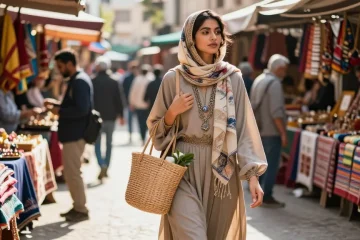 Young woman showcasing modest clothing in vibrant urban market.