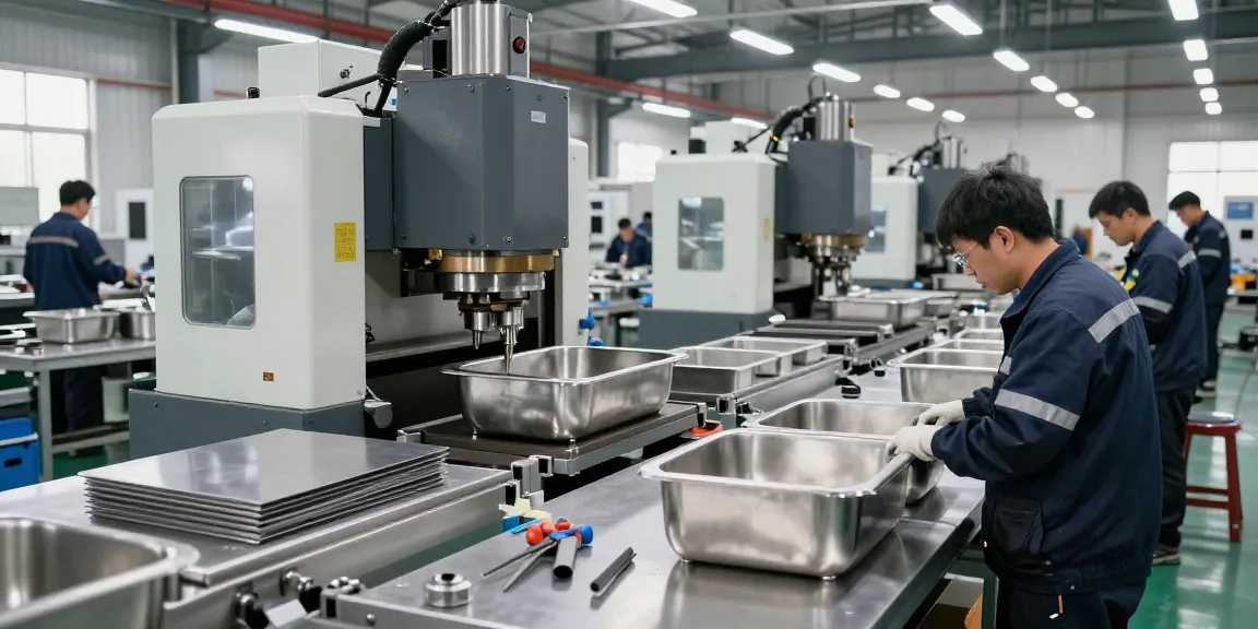 Skilled workers at a stainless steel basin factory assembling high-quality basins with modern equipment.
