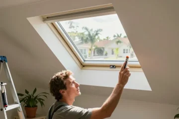 Skylight maintenance in Tampa: homeowner inspecting a skylight for leaks and setting up maintenance, ensuring durability.